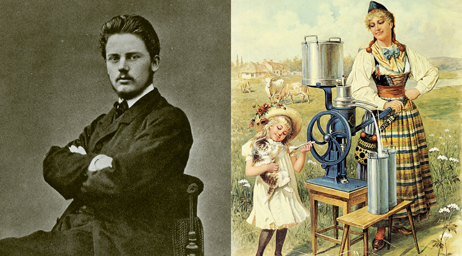 Historiskt bildkollage med två motiv: Till vänster ett svartvitt porträtt av en sittande person i formell klädsel med korslagda armar. Till höger en färgillustration av en person i traditionell klädsel bredvid en handdriven maskin, medan ett barn använder anordningen. I bakgrunden syns ett landsbygdslandskap med byggnader.