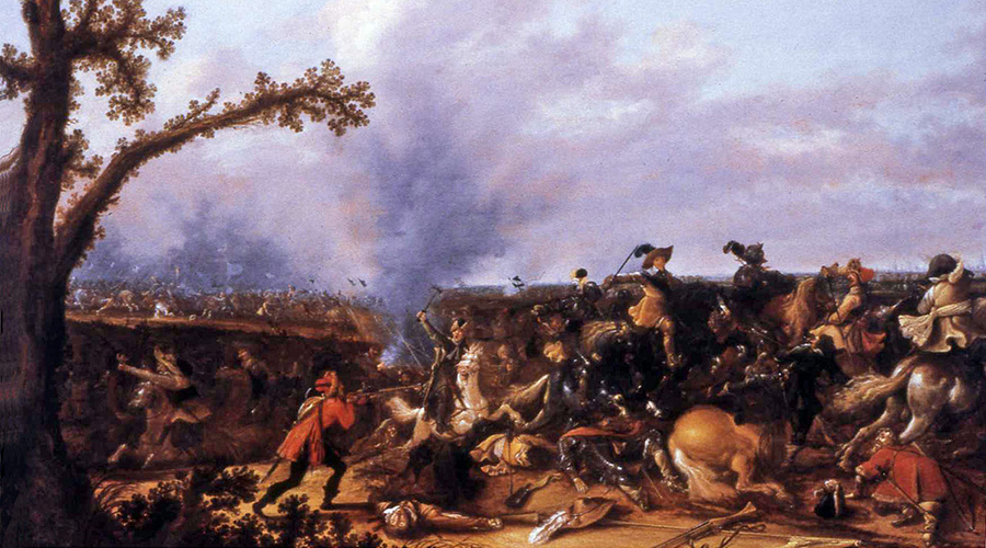 Historisk målning som skildrar en strid med ryttare och soldater i ett öppet landskap. I förgrunden syns hästar, personer och vapen i strid, medan rök och ytterligare trupper präglar bakgrunden. Till vänster står ett stort träd vid slagfältets kant.