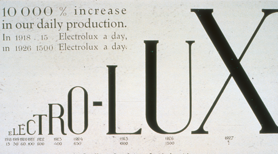 Historisk infografik som visar utvecklingen av Electrolux produktion. Texten lyfter fram en ökning av den dagliga produktionen med 10 000 % och jämför produktionsnivåerna från 1918–1919 med dem från 1926. I centrum står ordet ”Electrolux”, där bokstäverna fungerar som en grafisk tidslinje med årliga produktionsvolymer.