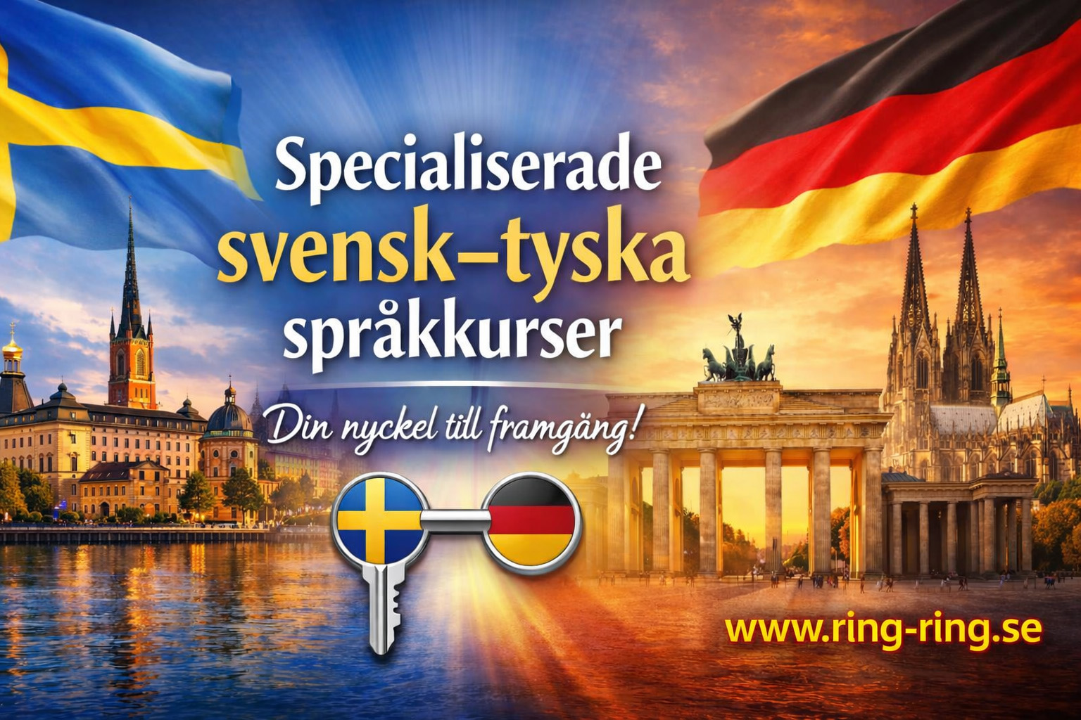 Werbegrafik für spezialisierte schwedisch-deutsche Sprachkurse. Zu sehen sind die schwedische und die deutsche Flagge, Stadtansichten aus Stockholm und Berlin sowie ein Schlüssel in schwedisch-deutschen Farben, der Sprachkenntnisse als Schlüssel zum Erfolg symbolisiert.