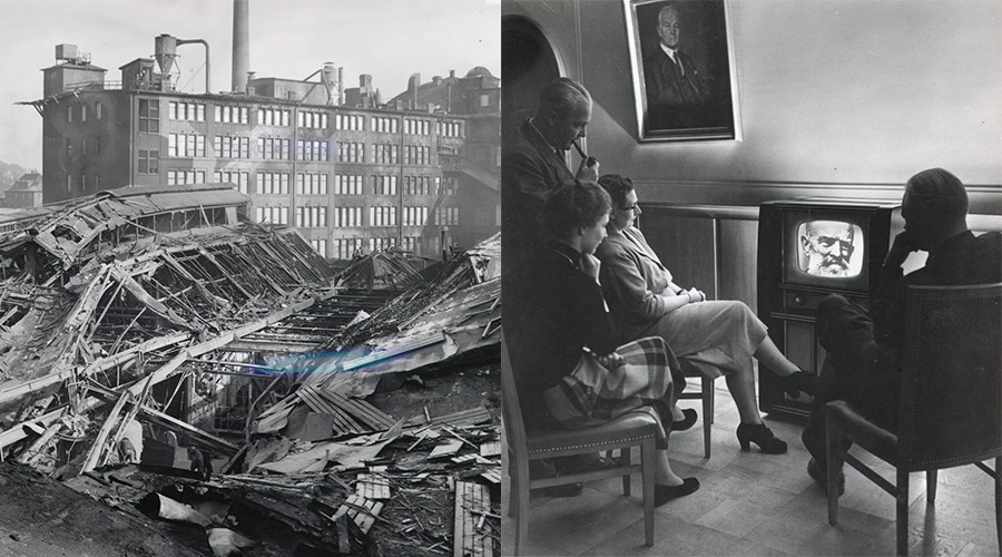 Eine von Bomben zerstörte Fabrik von Bosch 1944 und ein moderner Fernsehapparat 10 von Blaupunkt 10 Jahre später.