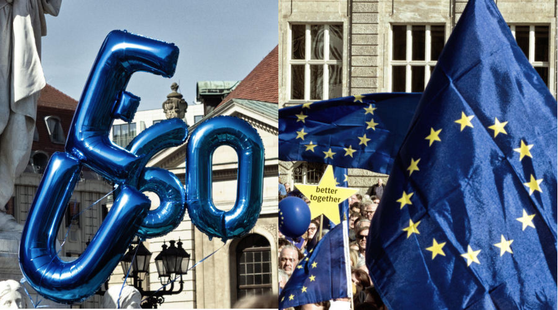 Eine Collage mit zwei Bildern: links Luftballons mit den Zahlen "60" und "EU"; rechts eine große EU-Flagge