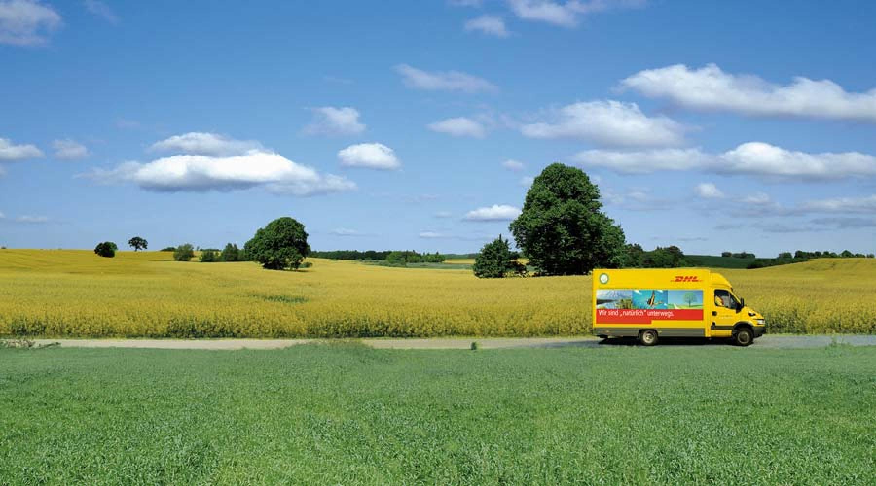 Ein DHL-Lieferwagen fährt auf einer Straße neben einem blühenden Rapsfeld.