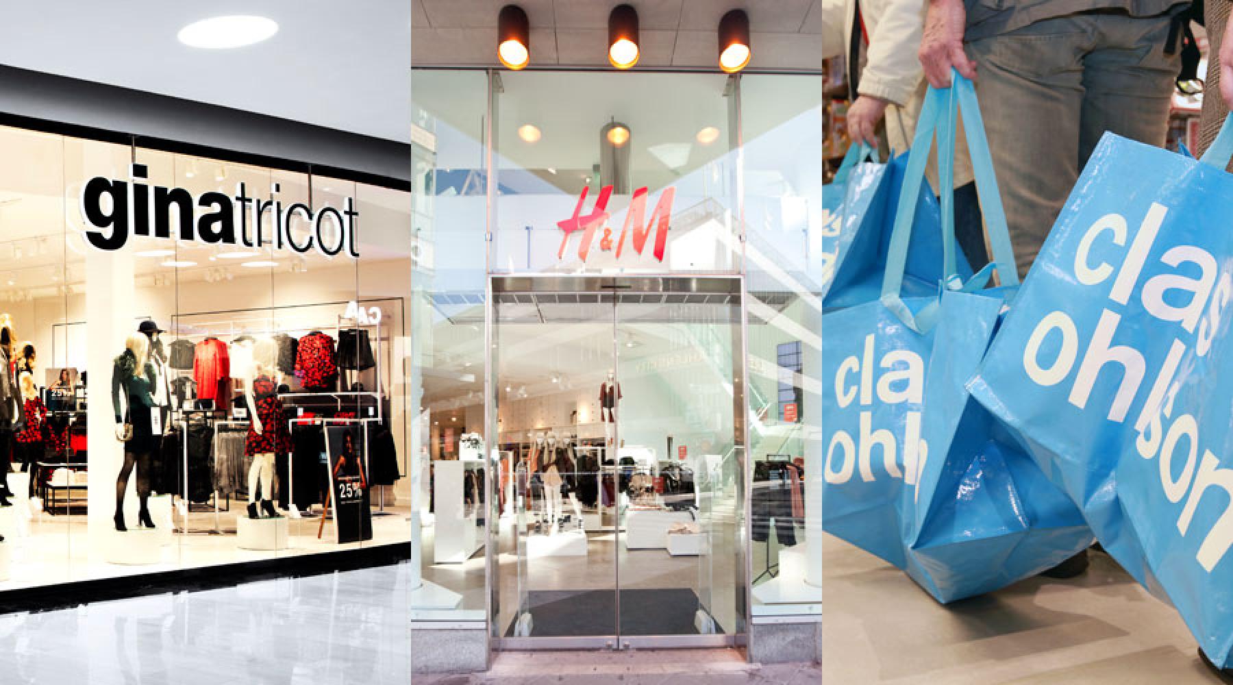 Ett collage på tre bilder: En Gina Tricot-butik, ingången till en H&M-butik, flera personer med Clas Ohlson-shoppingbags
