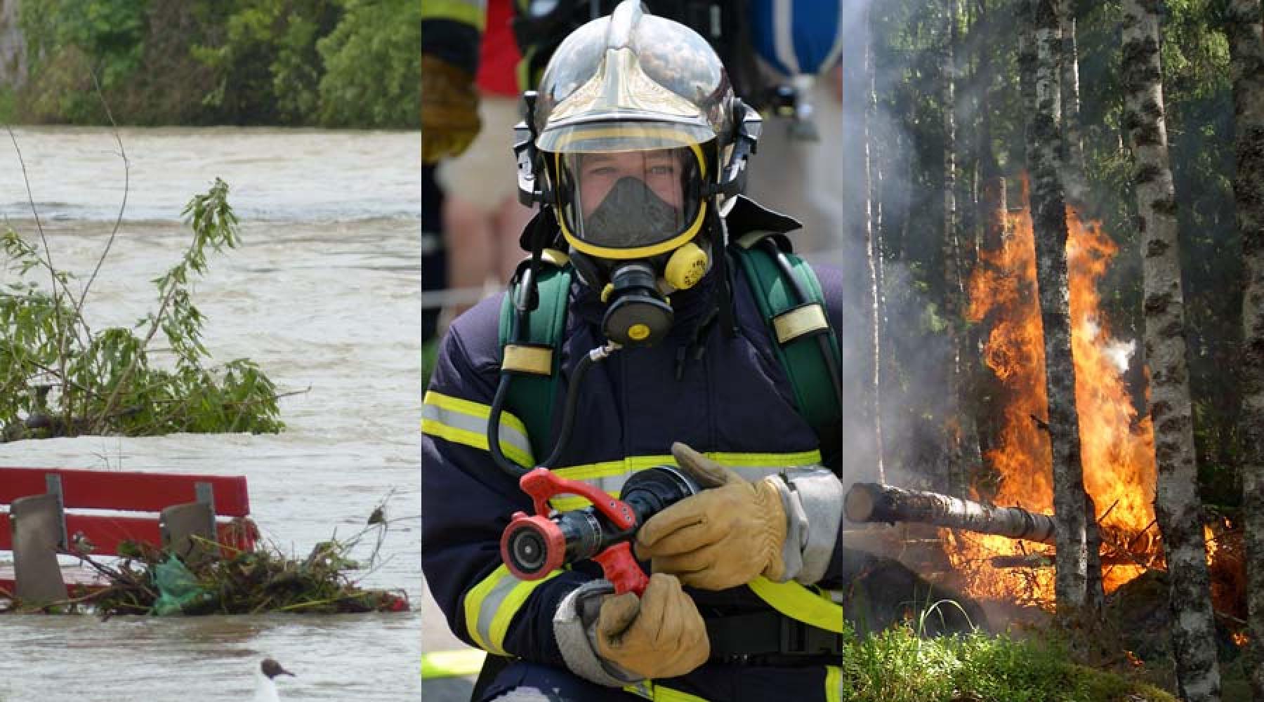 Collage aus drei Bildern: Eine Parkbank ist vom Hochwasser überschwemmt worden. Ein Feuerwehrmann mit Atemmaske hält einen Schlauch in der Hand. Bäume im Wald brennen.