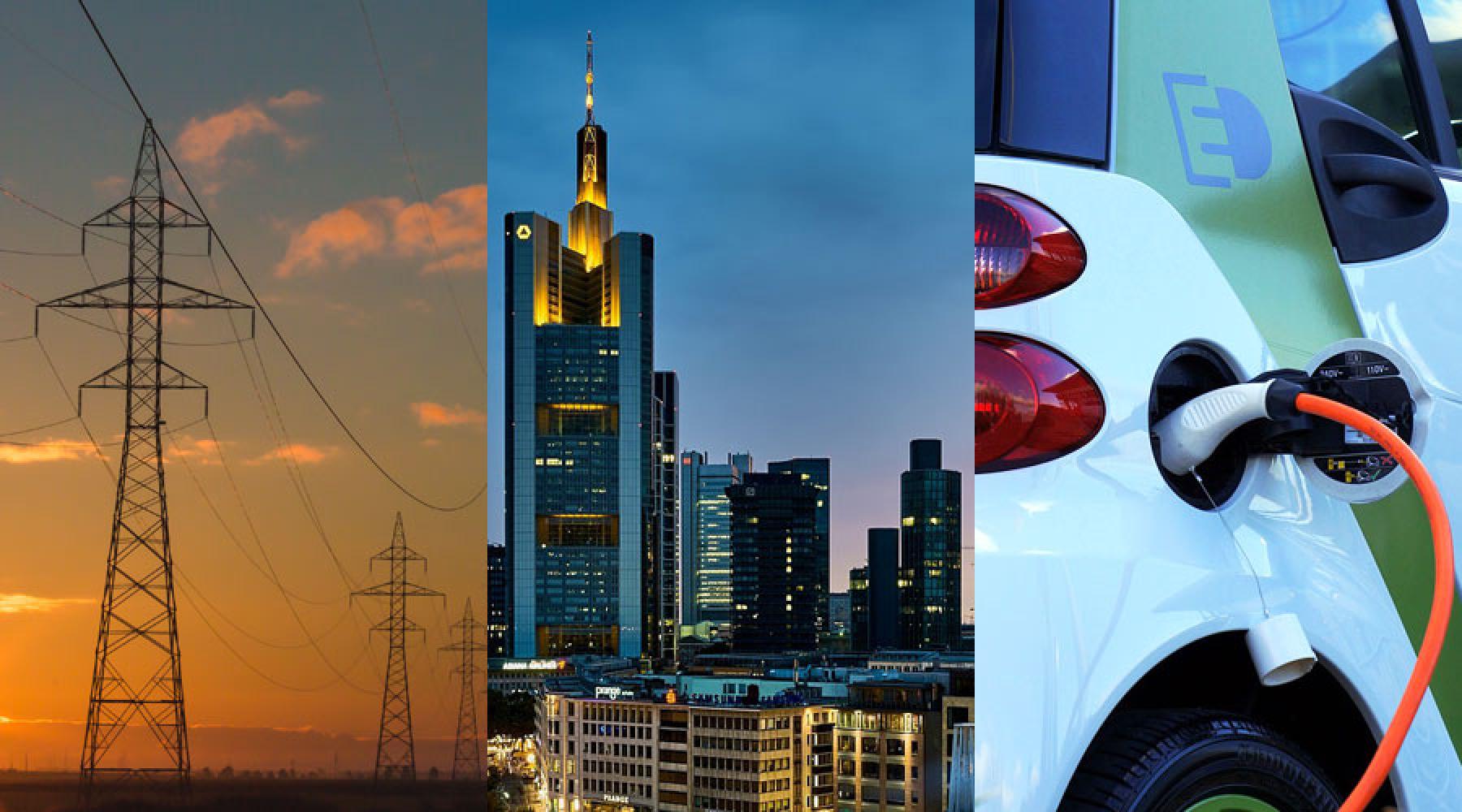 Ett collage på tre bilder: En elledning, Frankfurts skyline, en elbil som laddas