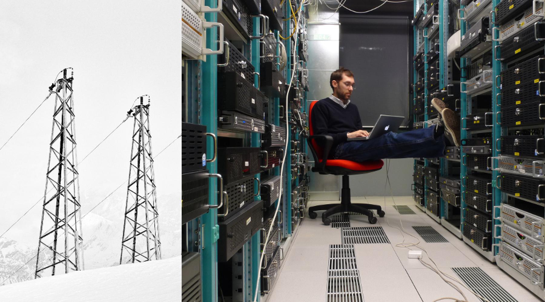 Eine Collage aus zwei Bildern: Zwei Strommasten im Schnee; ein Mitarbeiter, der in einem Serverraum mit einem Notebook auf dem Schoß auf einem Stuhl sitzt