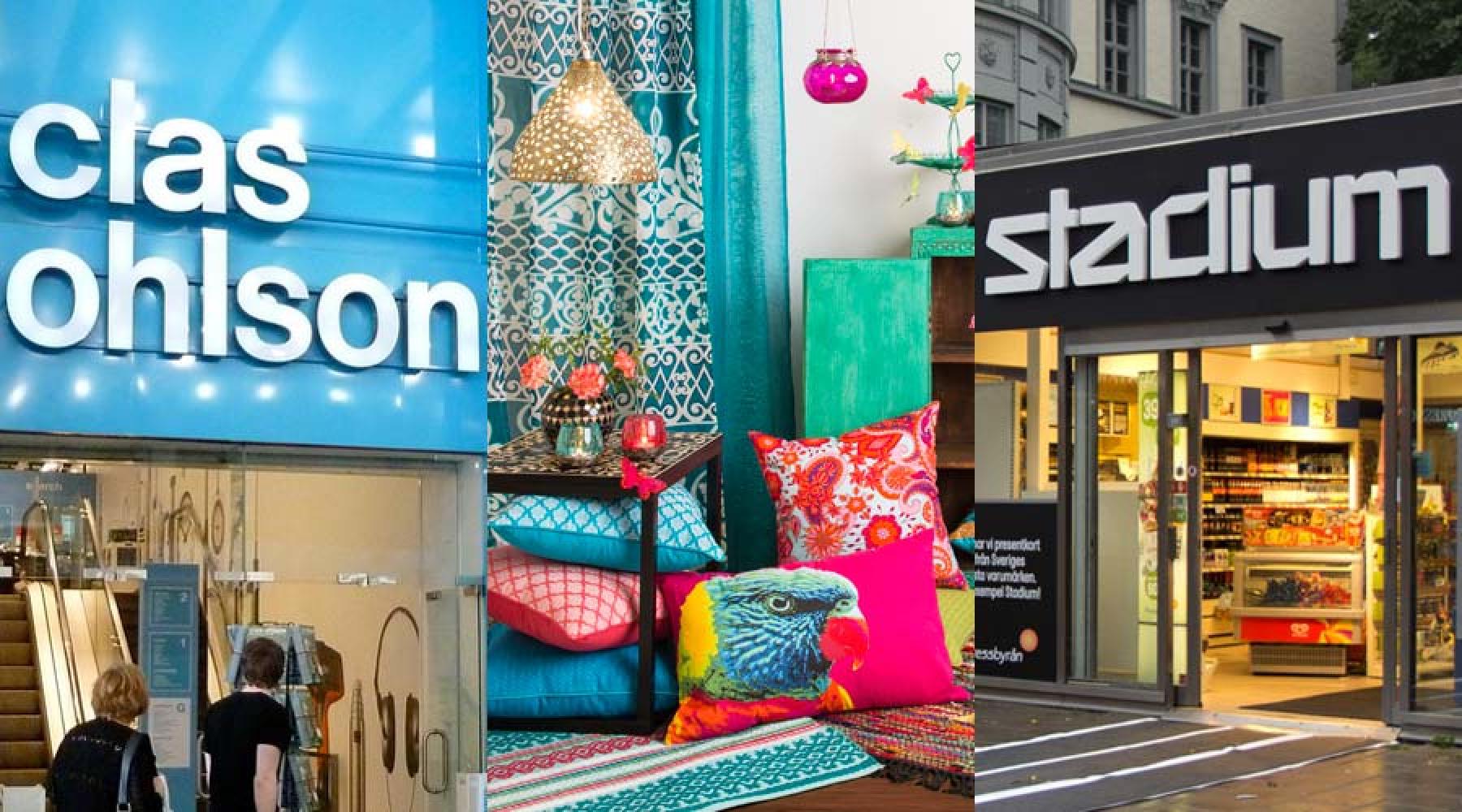 Ett collage av tre bilder: ingången till en Clas Ohlson-filial, kuddar och inredningsföremål från Indiska, ingången till en Stadium-butik