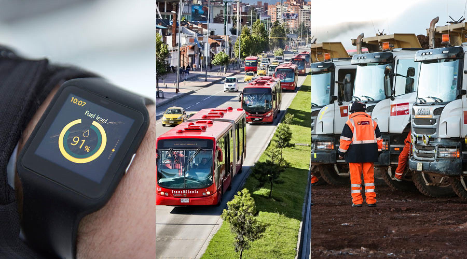 Ett collage på tre bilder: En Scania watch på en handled, flera röda bussar i rad på en bussfil, Scania-lastbilar och arbetare i en gruvmiljö