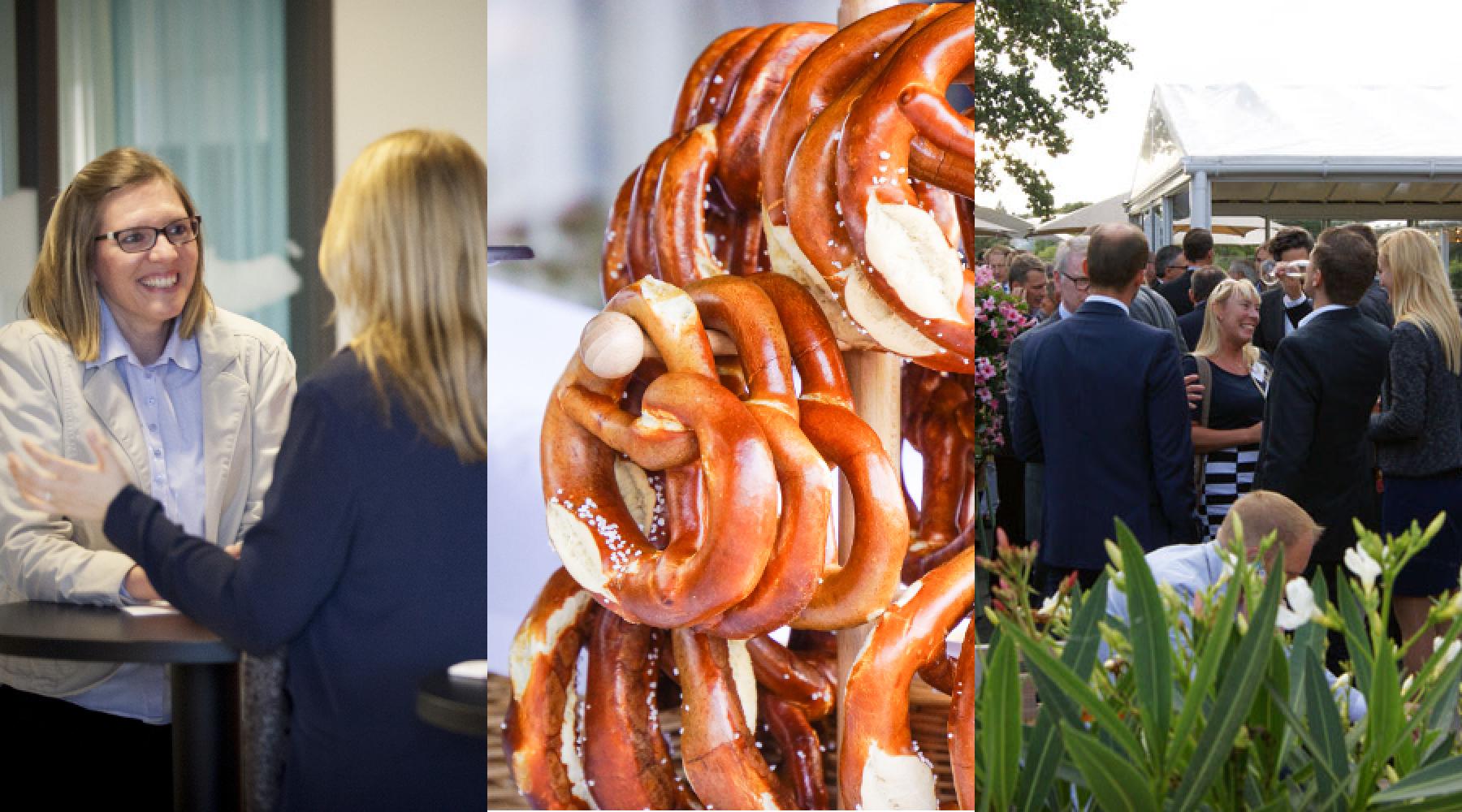 Eine Collage aus drei Bildern: Zwei Personen unterhalten sich, Brezeln an einer Stange, mehrere Menschen im Gespräch auf einer Terrasse