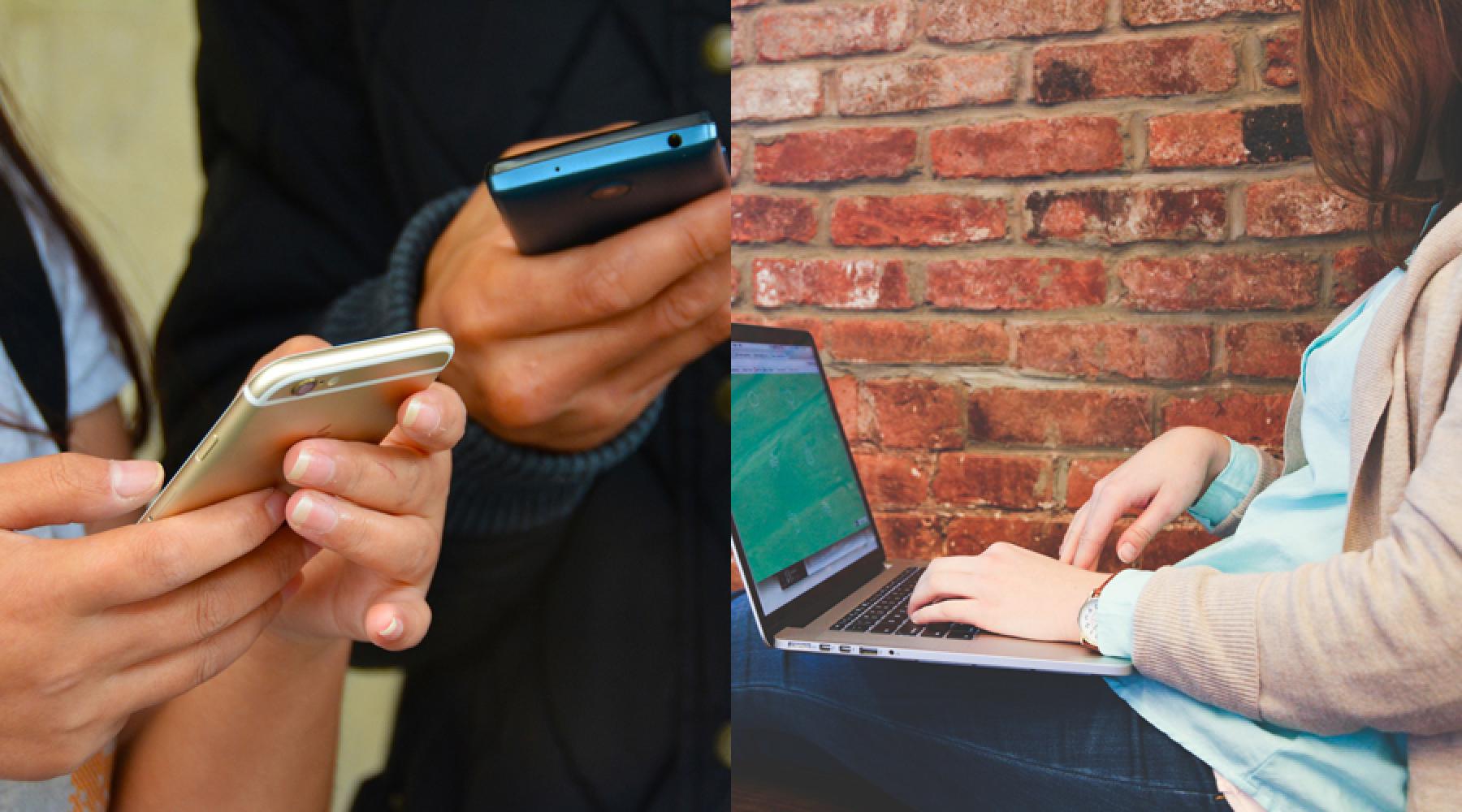 Ett collage av två bilder: Två personer använder sina smartphones, en kvinna sitter framför en bärbar dator