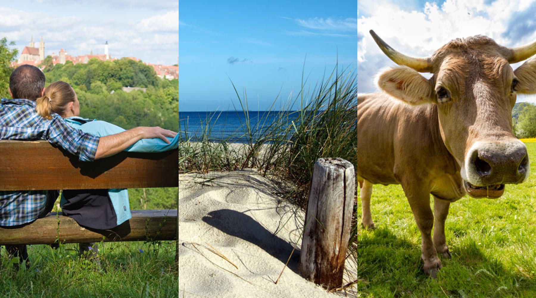 Ett collage bestående av tre bilder: Ett par sitter på en bänk och tittar ut över staden Rothenburg ob der Taubers siluett, en strand vid Östersjön, en ko på en äng i Bayern