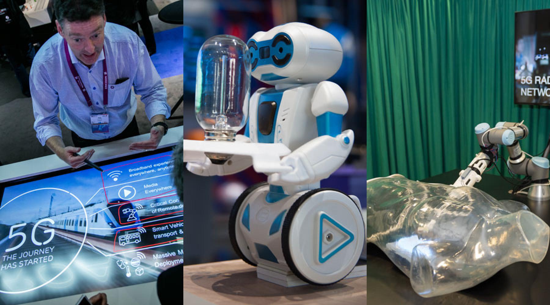 Ett collage bestående av tre bilder: En Ericssonanställd håller en presentation om 5G vid en tv-skärm med info om 5G, en liten robot håller en glödlampa på en bricka, en försöksanordning för robotkirurgi