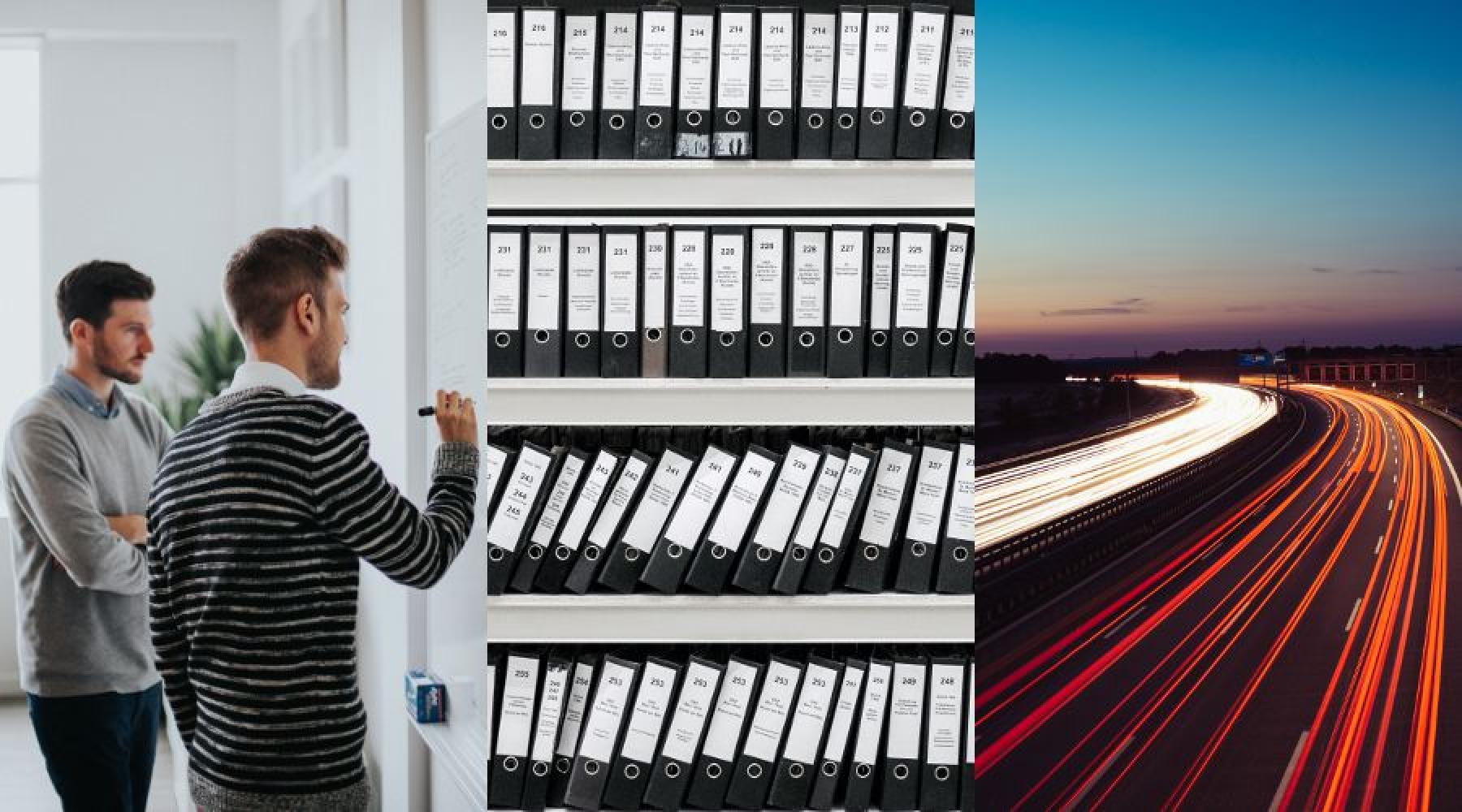 Ett collage bestående av tre bilder: Två unga män står vid ett whiteboard, en stor hylla med massor med pärmar, en motorväg i gryningen