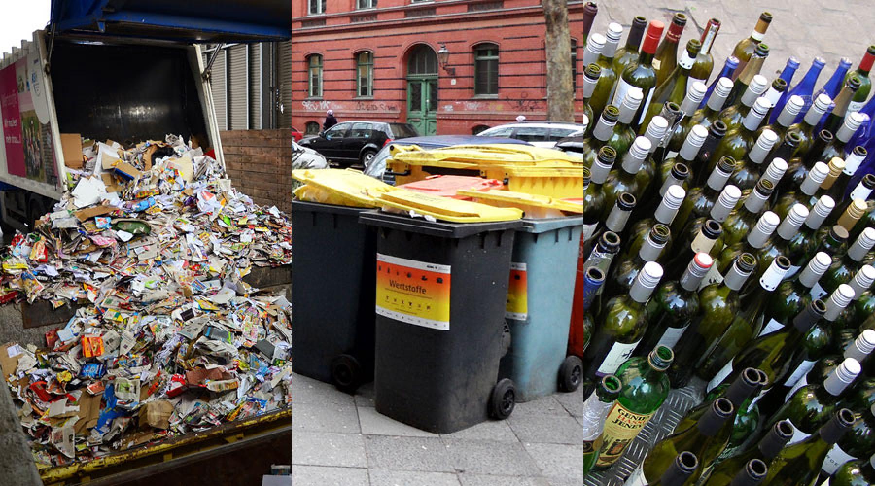 Ett collage bestående av tre bilder: En lastbil tömmer returpapper på en återvinningsanläggning, olika tyska sopkärl, tomma glasflaskor