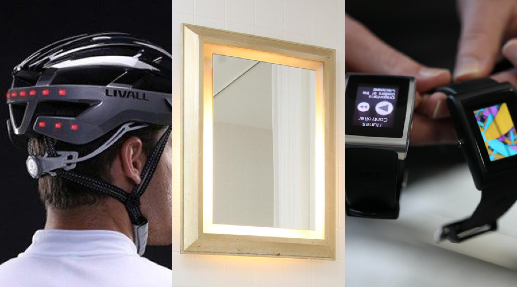 Ett collage bestående av tre bilder: En cykelhjälm med inbyggd belysning, en badrumsspegel med inbyggd lampa, två smarta klockor