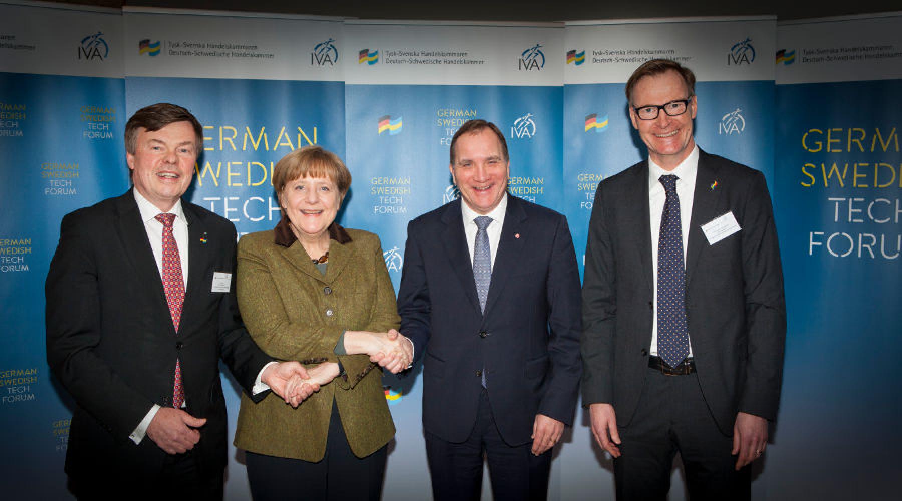 Björn O. Nilsson, Angela Merkel, Stefan Löfven und Olof Persson bei der Eröffnung des German Swedish Tech Forum im Januar 2017
