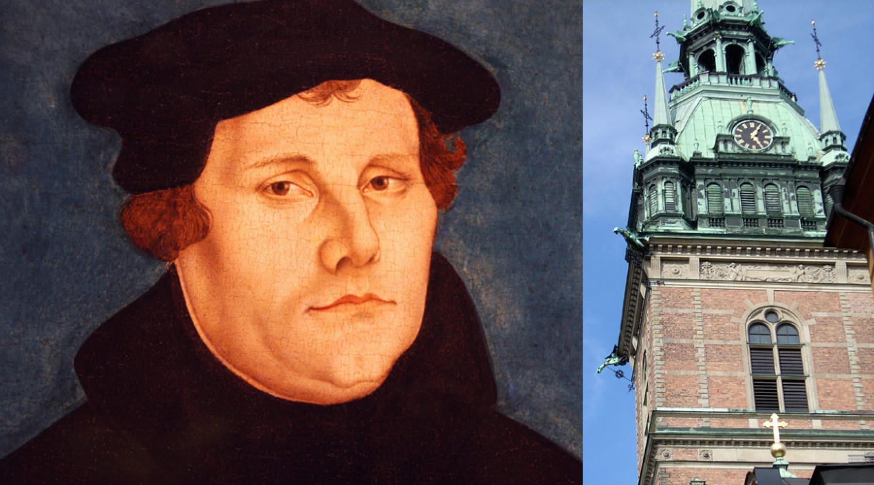 Ett collage bestående av två bilder: Martin Luther och Tyska kyrkan i Stockholm