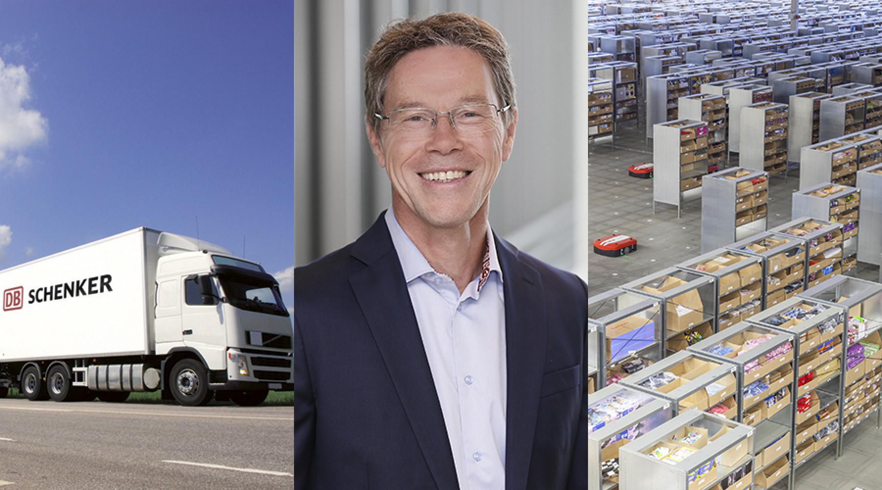 Ett collage bestående av tre bilder: En DB Schenker-lastbil, Karsten Keller, ett modernt lager med robotar