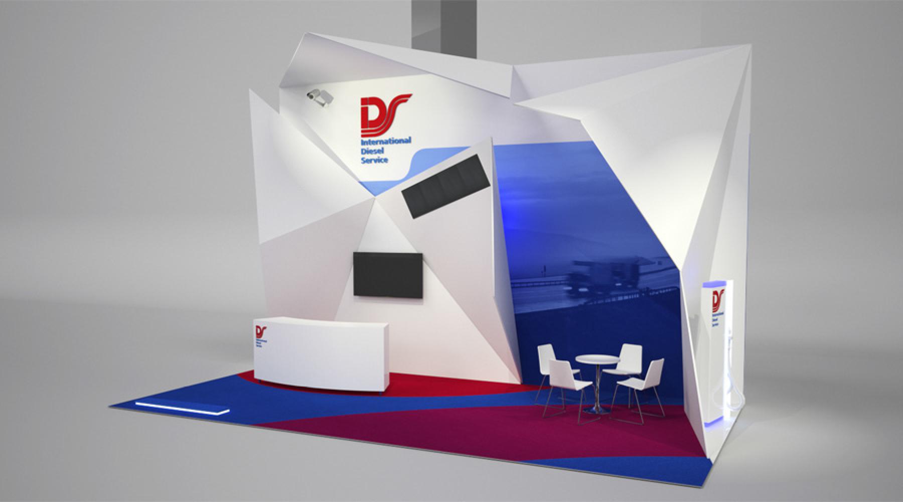Ein Computermodell des Stands von OKQ8-IDS auf der Lkw-Messe (Lastbilsmässan) 2018