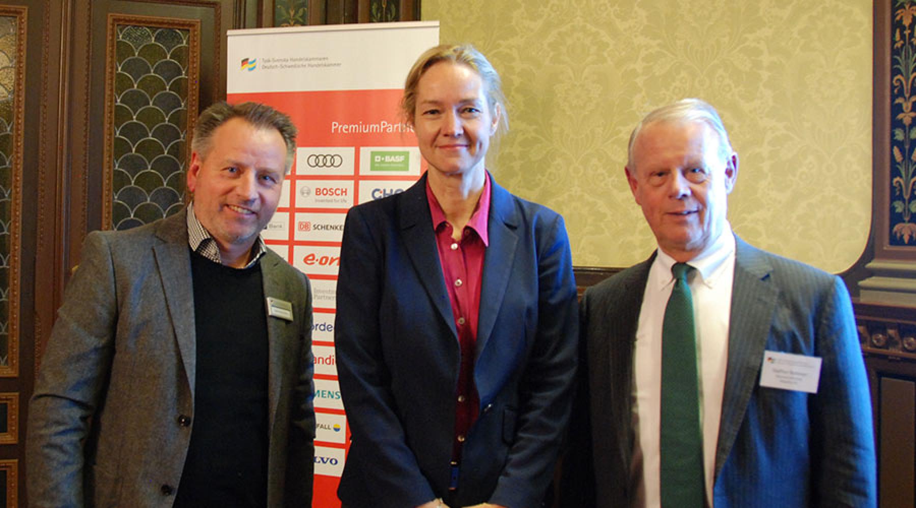 Cecilia Skingsley, Ralph-Georg Tischer och Staffan Bohman på Tysk-Svenska Handelskammarens Executive Talk på Grand Hôtel i Stockholm