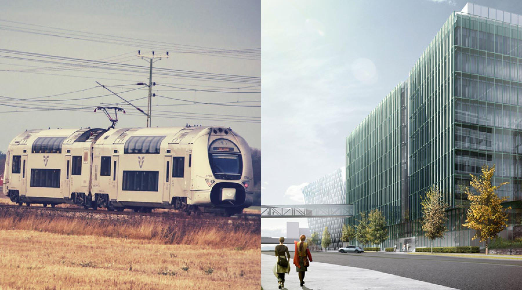 Eine Collage aus zwei Bildern: ein schwedischer Zug, ein neues Gebäude im Stadtteil Hagastaden in Stockholm