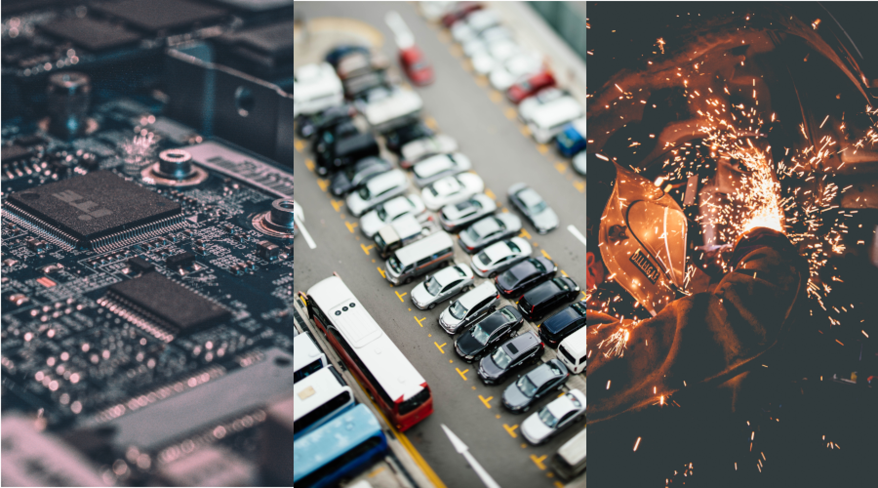 Collage mit drei Bildern: Maschinenzubehör, Autos, die auf einem Parkplatz stehen und Metallproduktion