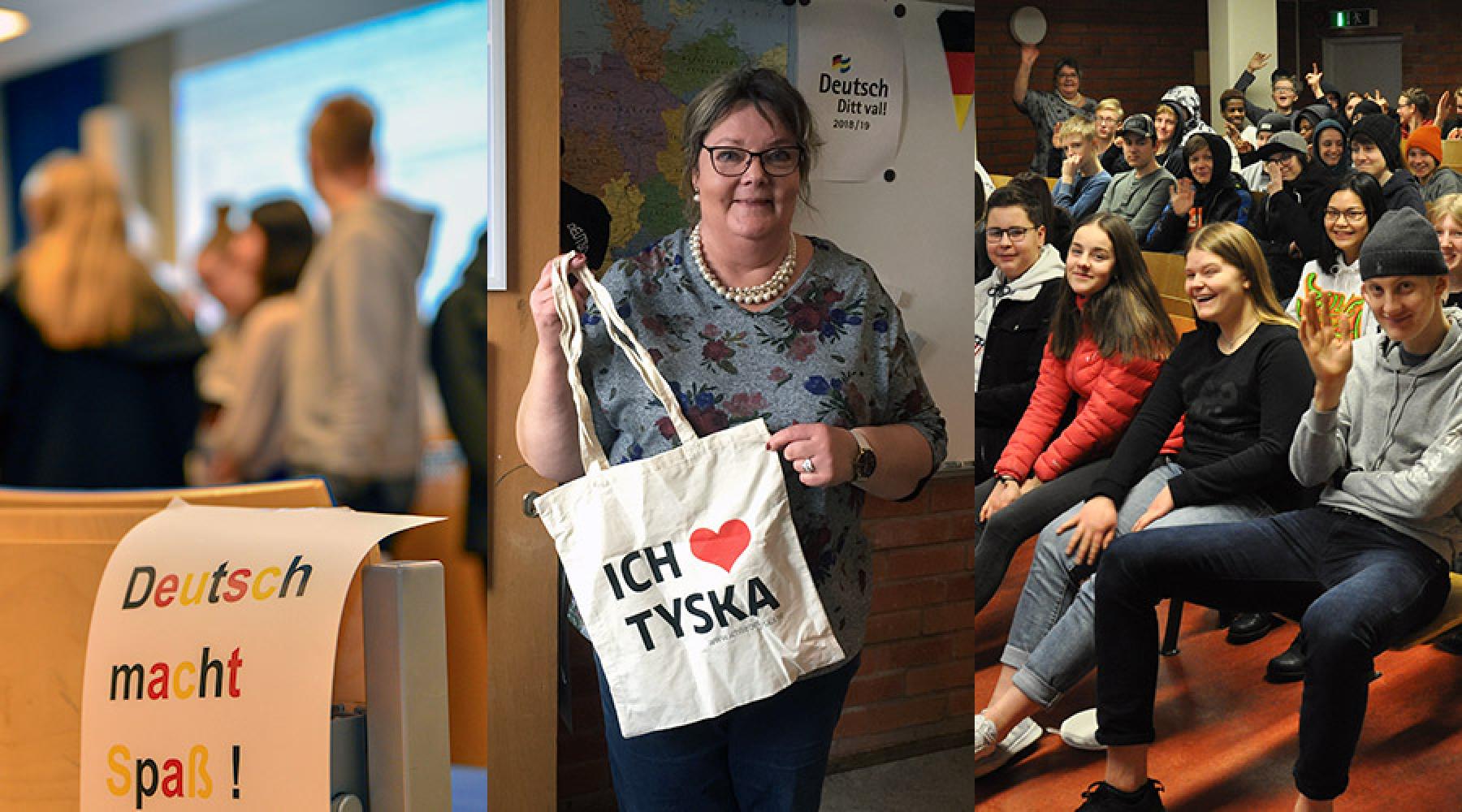 Ett collage bestående av tre bilder: En lapp med texten "Deutsch macht Spaß" på en skolbänk, läraren Sofia Diefke med en "Ich <3 tyska"-tygkasse, en skolklass