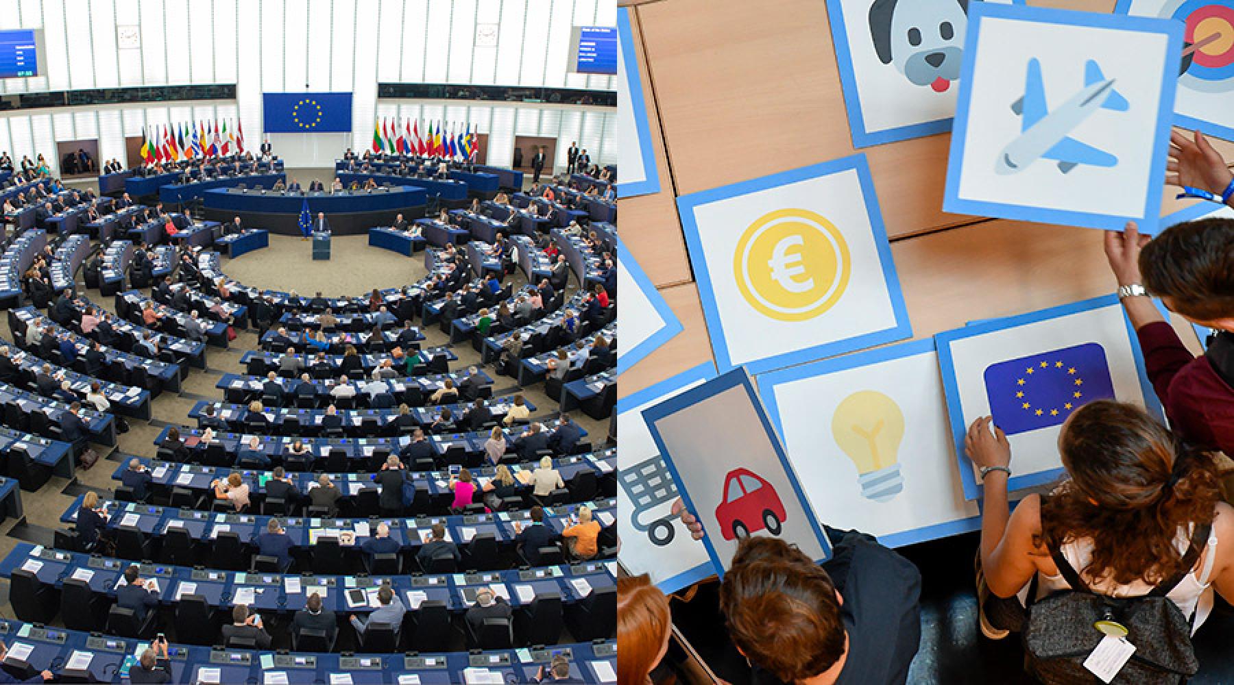 Ett collage bestående av två bilder: EU-parlamentets kammare under Jean-Claude Junckers State of the Union-tal 2018, flera stora kort med olika emojier tryckta på som ungdomar flyttar runt