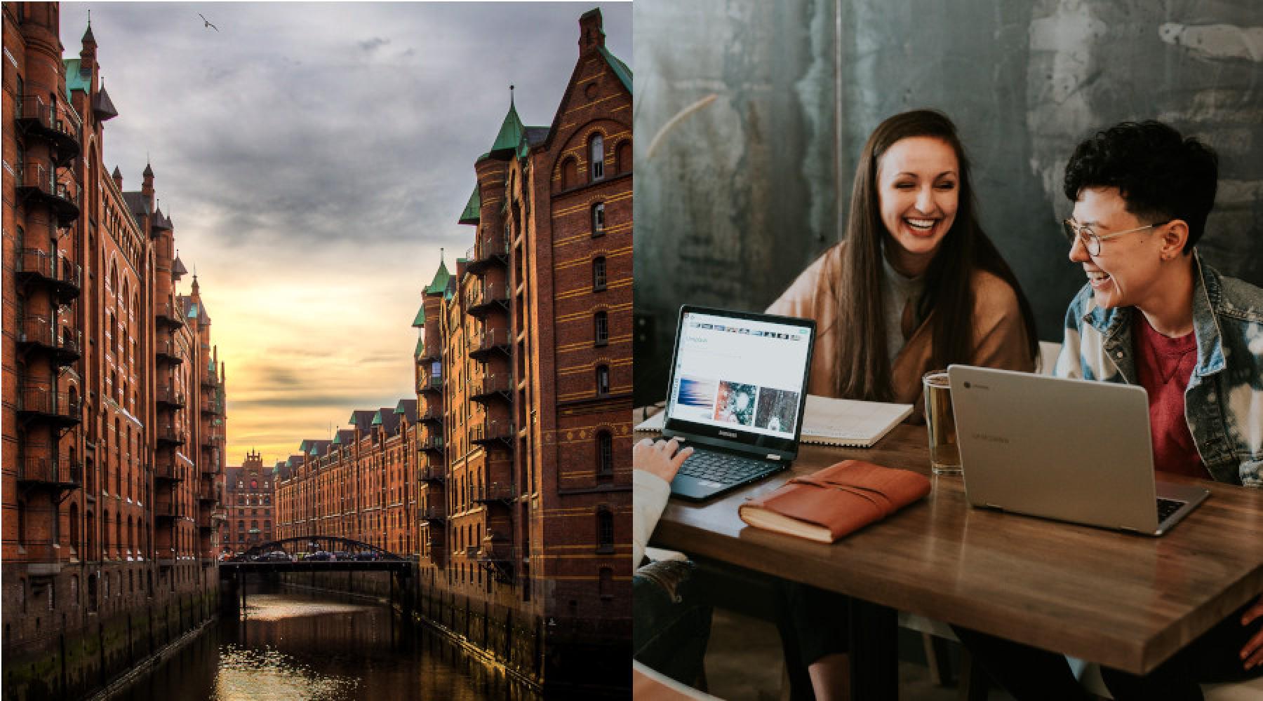 Collage med två bilder: Hamburgs "Speicherstadt" - ett lagerhuskomplex - på kvällen och två glada personer med datorer