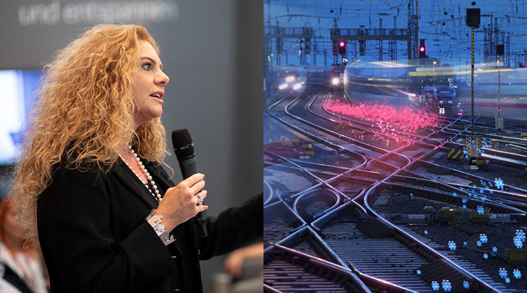 Eine Collage aus zwei Bildern: Prof. Dr. Sabina Jeschke bei einer Rede, eine Langzeitbelichtung einer Gleisanlage mit diversen vorbeifahrenden Zügen
