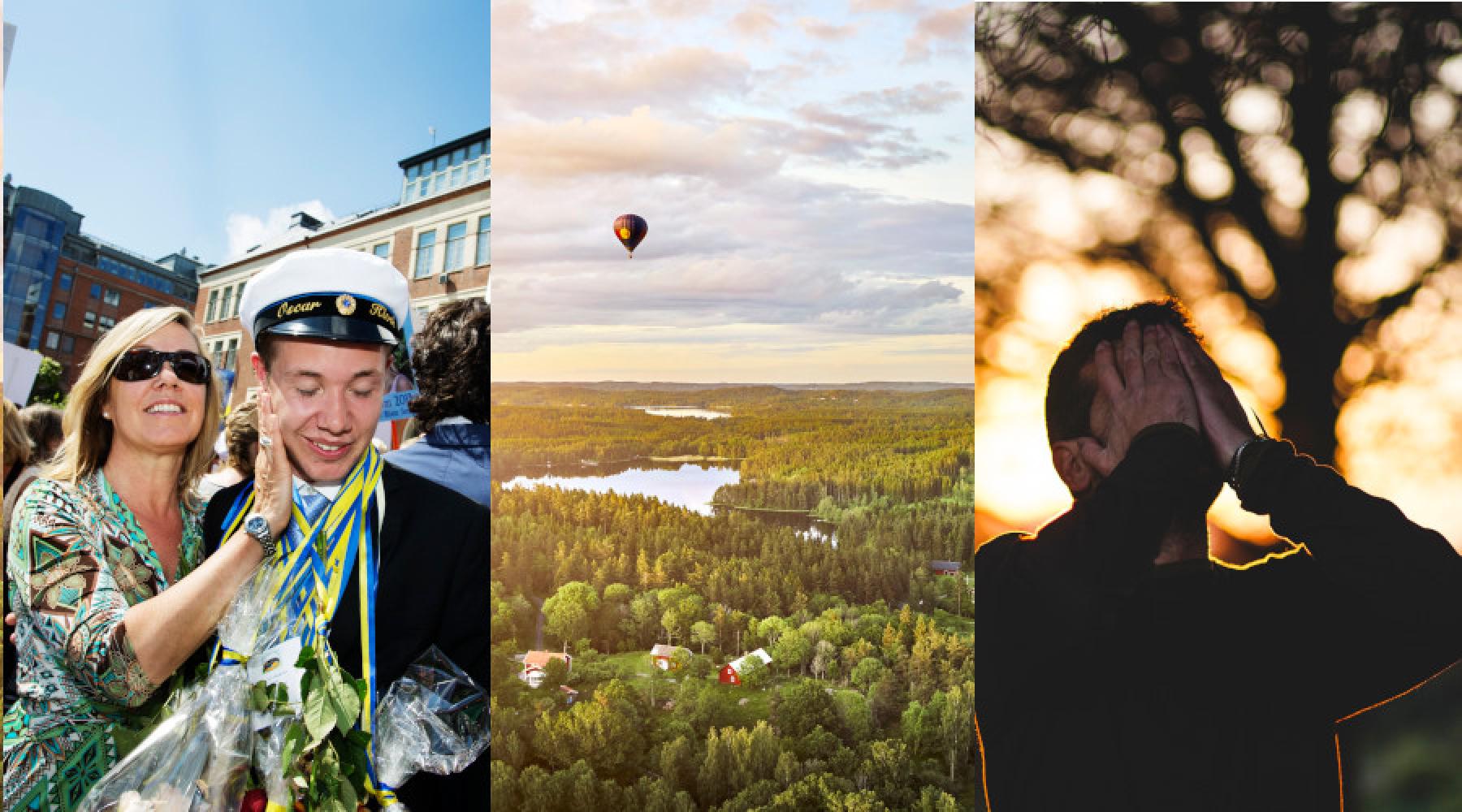 Eine Collage mit drei Bildern: Eine Mutter und ihr Sohn, der eine schwedische studentmössa trägt, eine Waldlandschaft mit einem Heißluftballon und ein Mann, der gestresst die Hände vor sein Gesicht hält