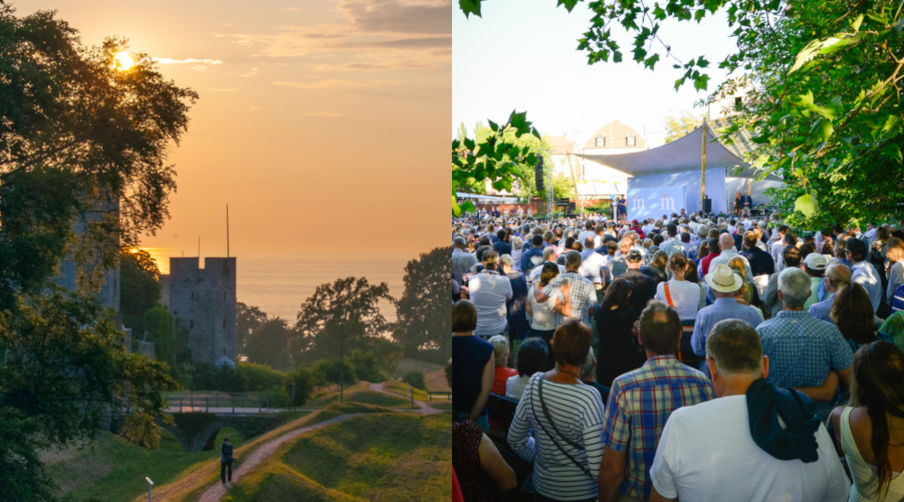 Eine Collage mit zwei Bildern: Links sieht man die Stadtmauer der Stadt Visby bei Sonnenuntergang, rechts sieht man die Bühne bei der Almedalswoche mit Publikum.