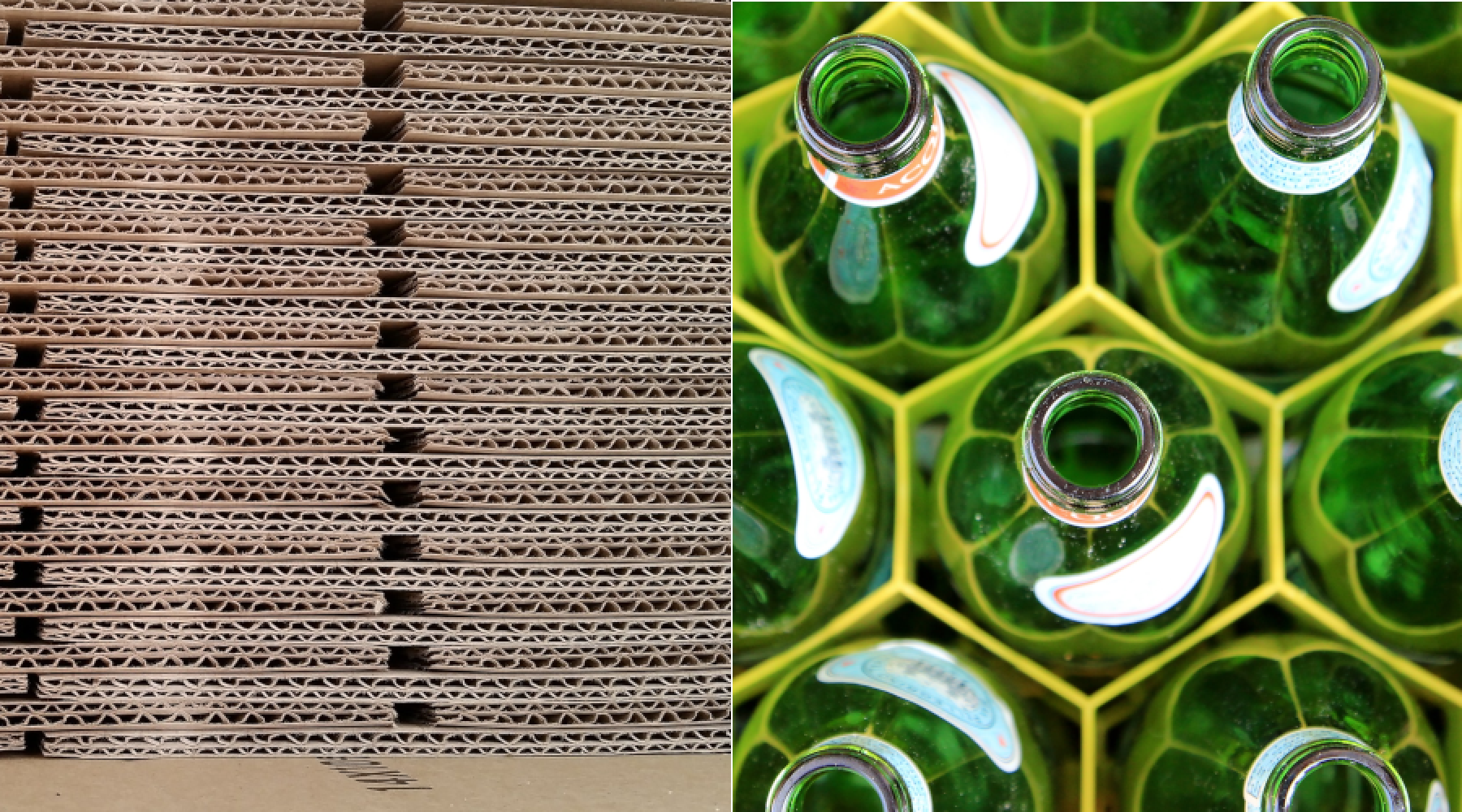 Eine Collage aus zwei Fotos: zusammengefaltete Kartons, Altglas