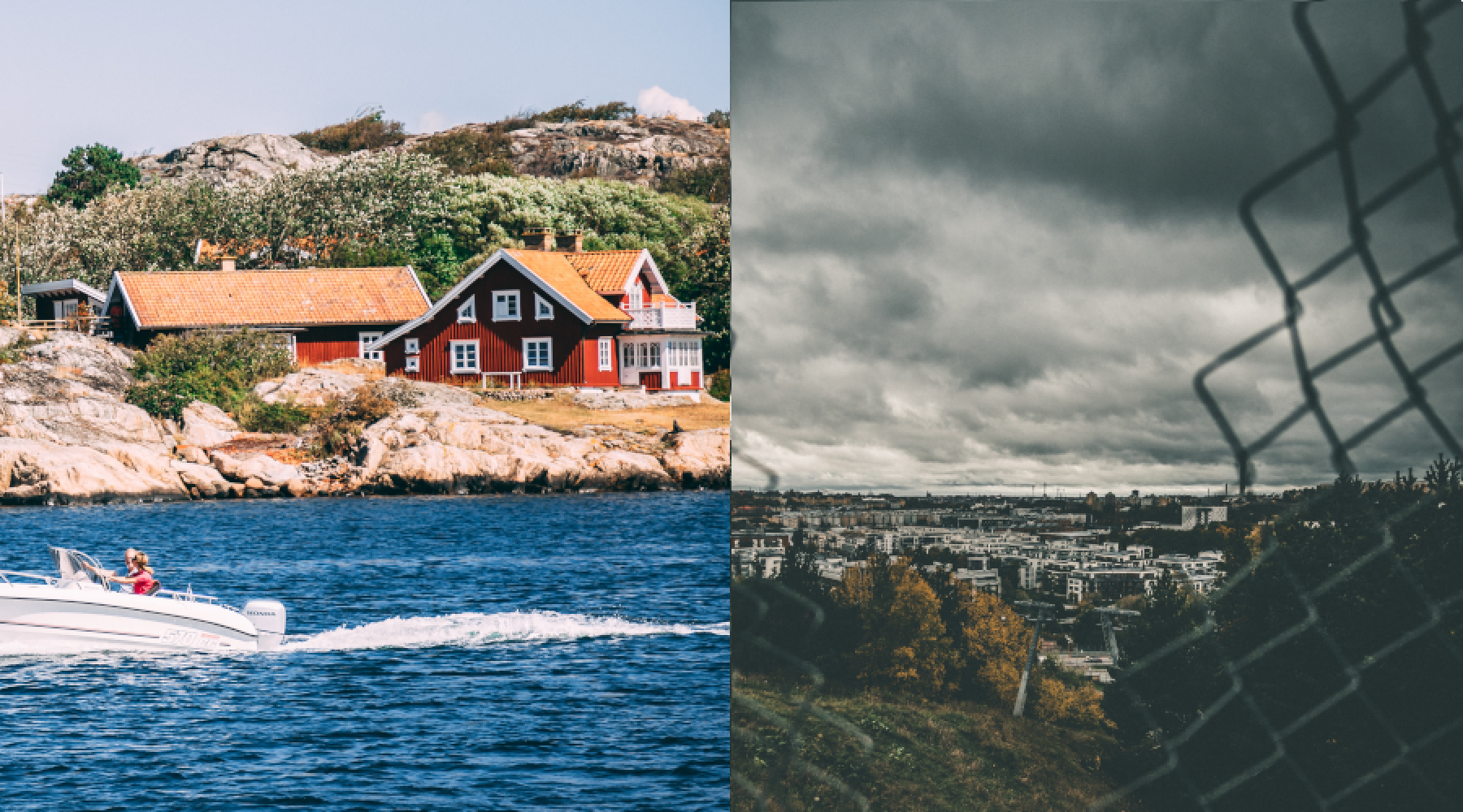Zweigeteiltes Bild: Links sieht man ein rotes Haus im Stockholmer Schärengarten, rechts einen Stadtausschnitt