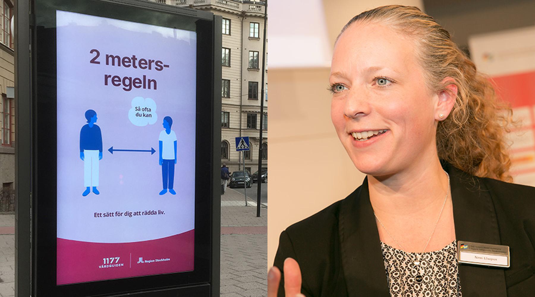 Ett collage bestående av två bilder: En reklamskylt som uppmanar till 2m avstånd i Sverige, Ninni Löwgren Tischer på ett evenemang arrangerat av Tysk-Svenska Handelskammaren