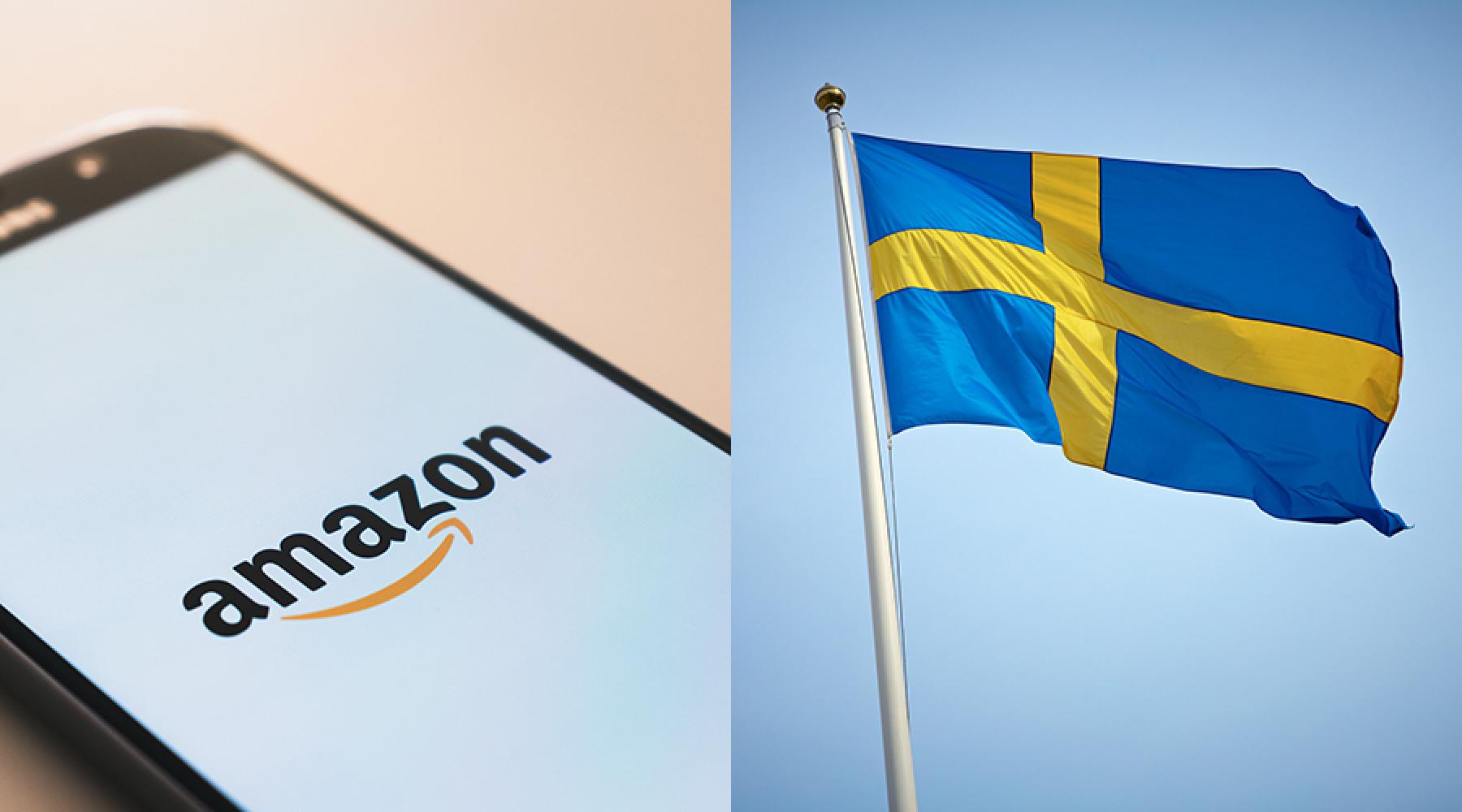 Collage: Amazons Logo und Schwedens Flagge