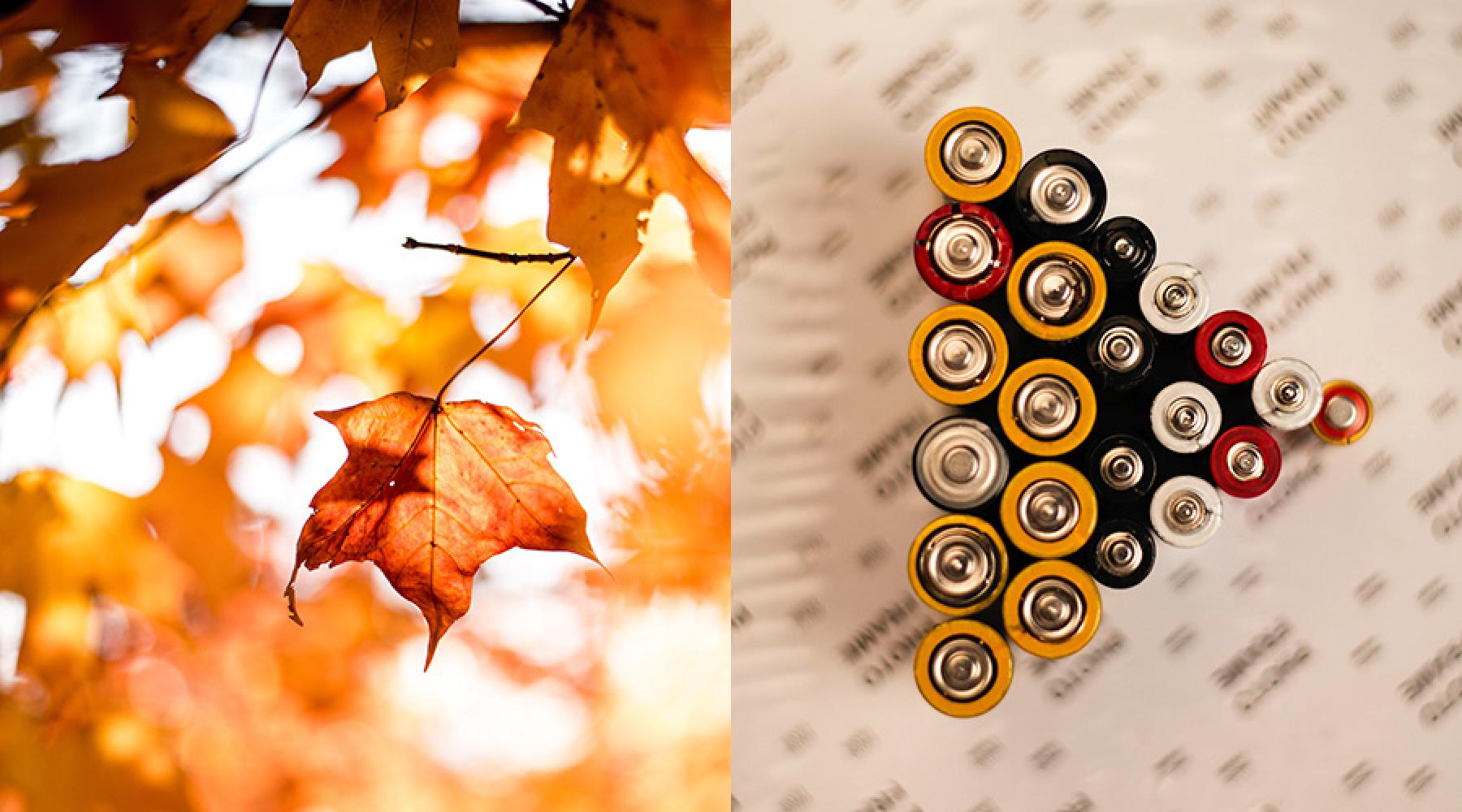 Collage med ett höstlandskap och batterier