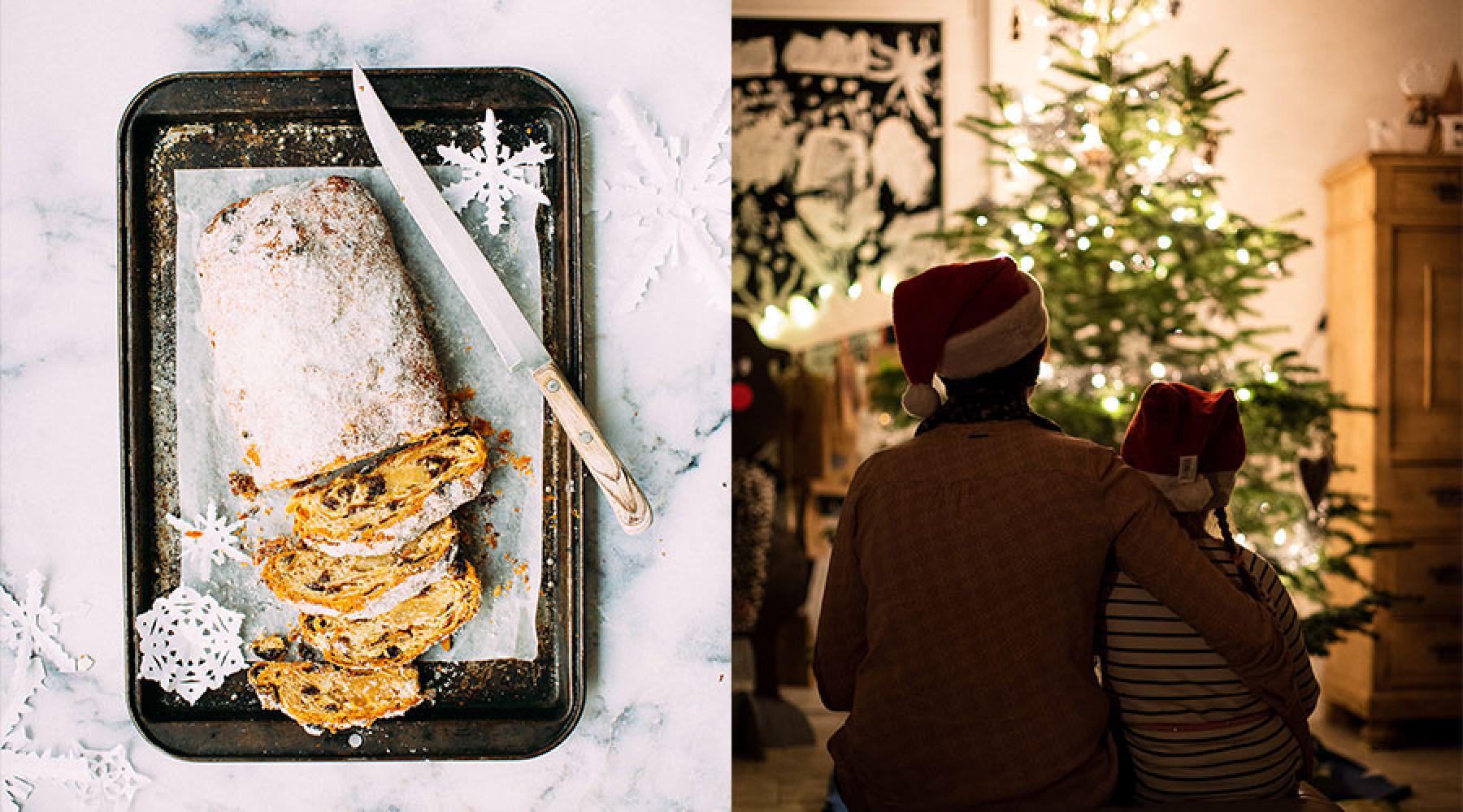 Eine Collage aus zwei Bildern: Ein Weihnachtsstollen, ein Mann und ein Mädchen sitzen Arm in Arm vor einem Weihnachtsbaum