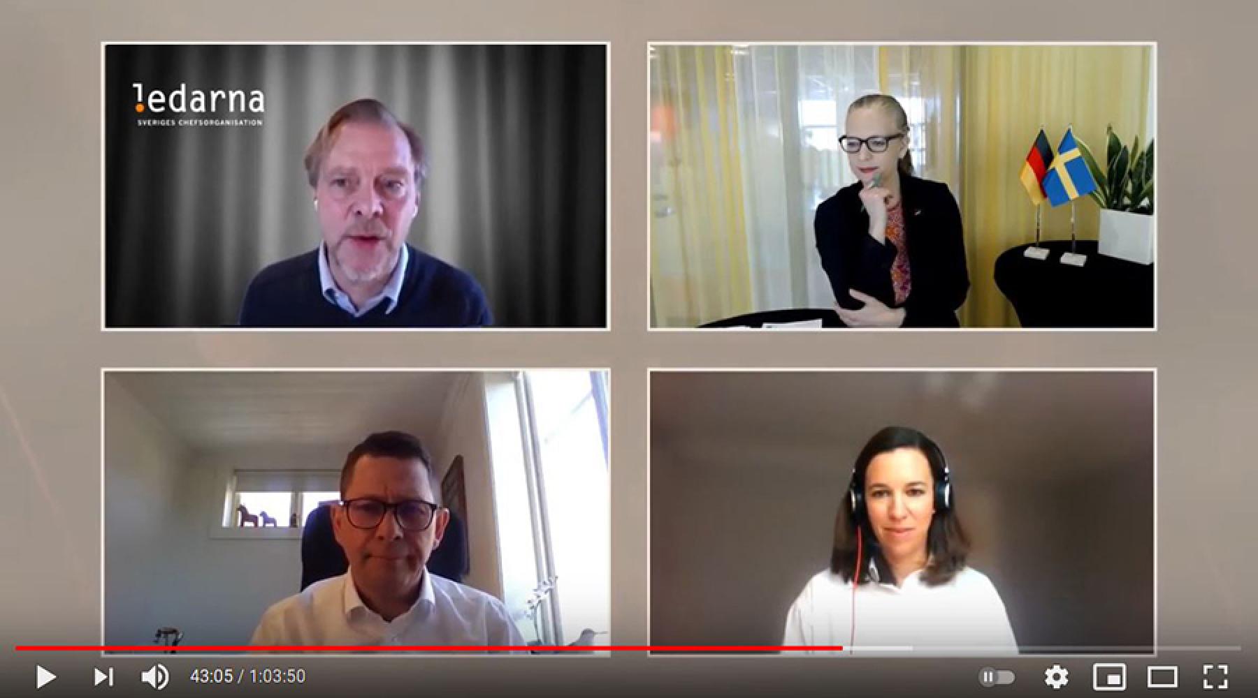 Peter Berg, Ledarna, Ninni Löwgren, Tysk-Svenska Handelskammaren, Mikael Leksell, Siemens AB och Siemens Nordics, och Cornelia Kaufmann, Ikea Sverige, diskuterade skillnaderna mellan tyskt och svenskt ledarskap. Peter Berg Ledarna Ninni Löwgren Tysk-Svenska Handelskammaren Mikael Leksell Siemens Cornelia Kaufmann Ikea