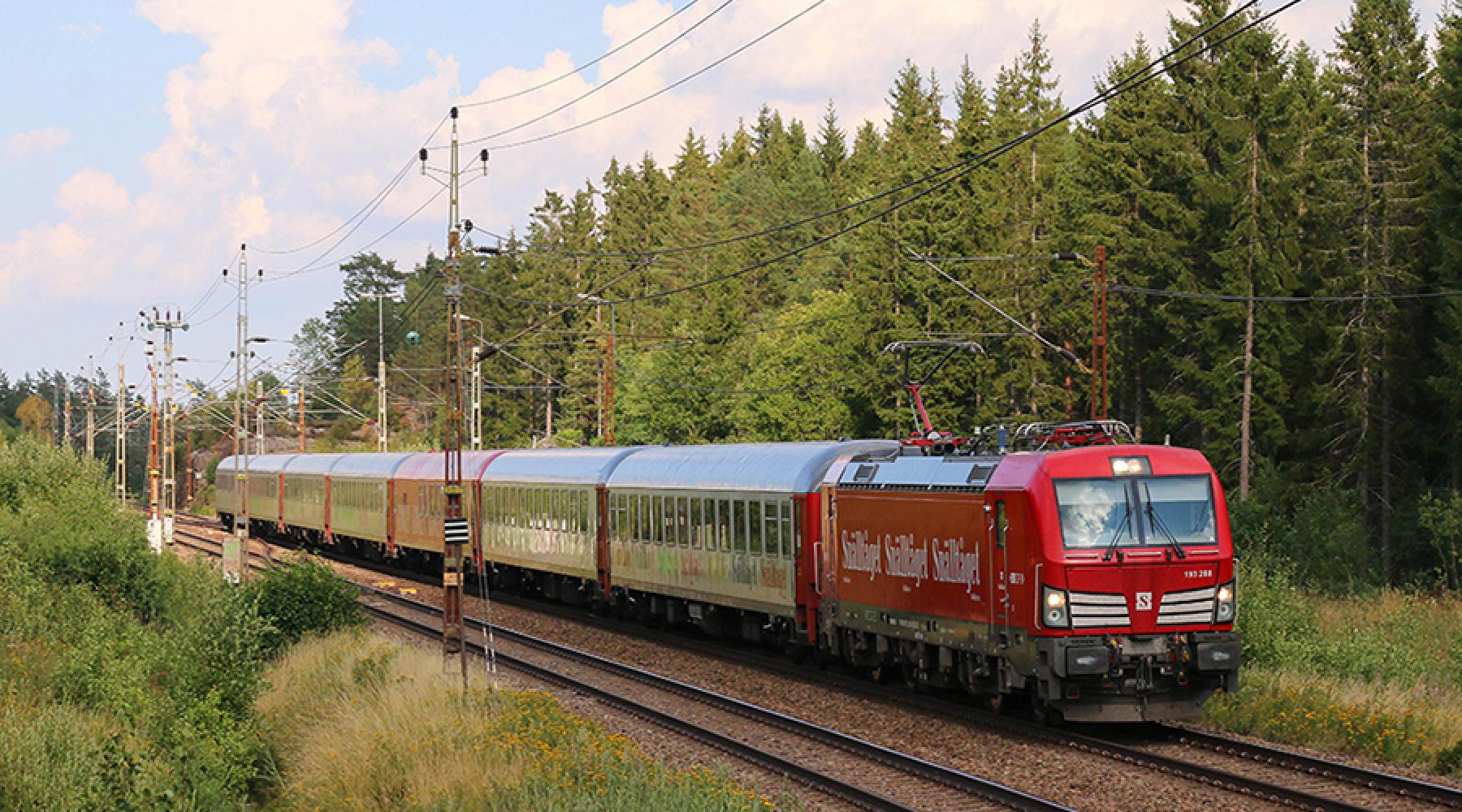 En tåg färdas genom ett skogslandskap.