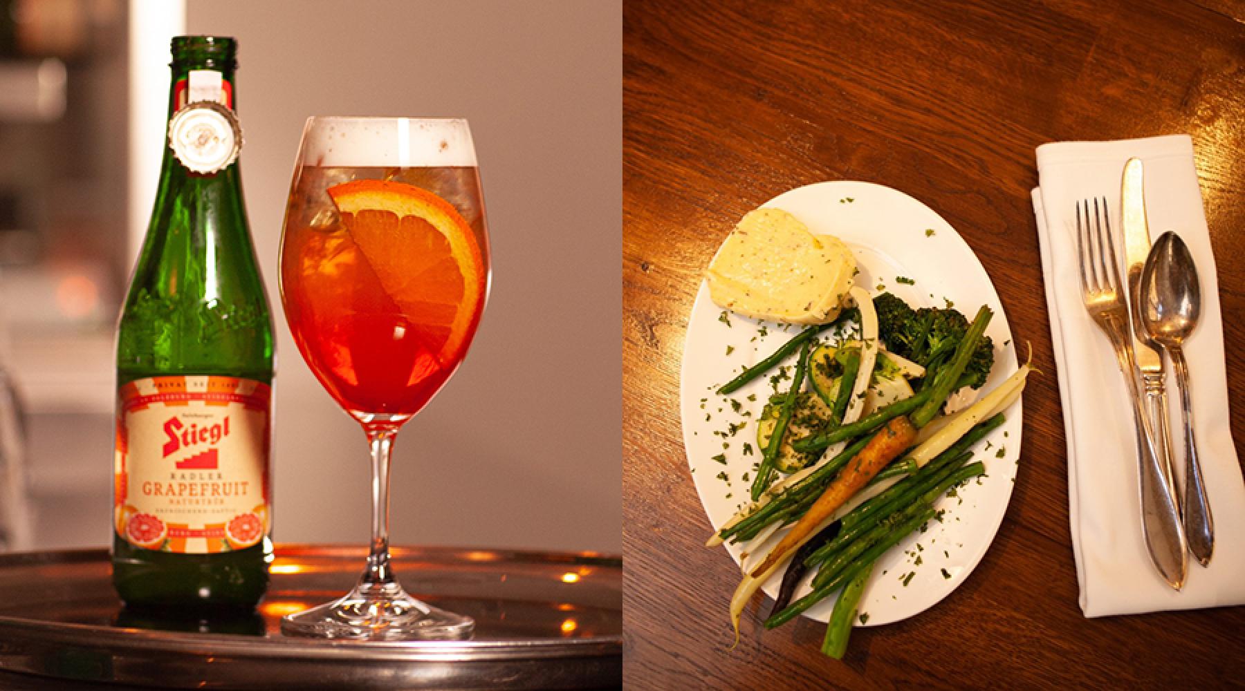 Ett collage som visar en sommardryck kallad för Weinerspritzl och sommarprimörer med kumminsmör från Tysk-Svenska Handelskammarens medlem restaurang Liebling