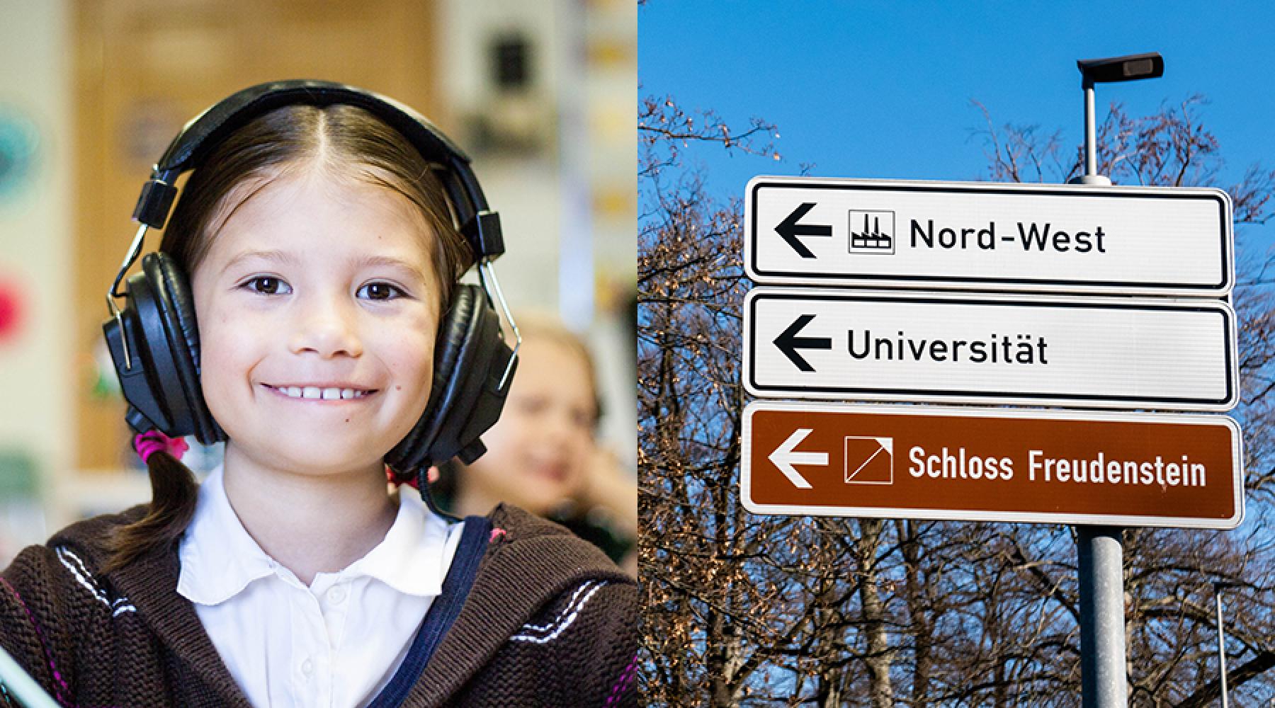 Collage som visar en glad flicka med hörlurar och några tyska skyltar som t.ex. hänvisar till ett universitet